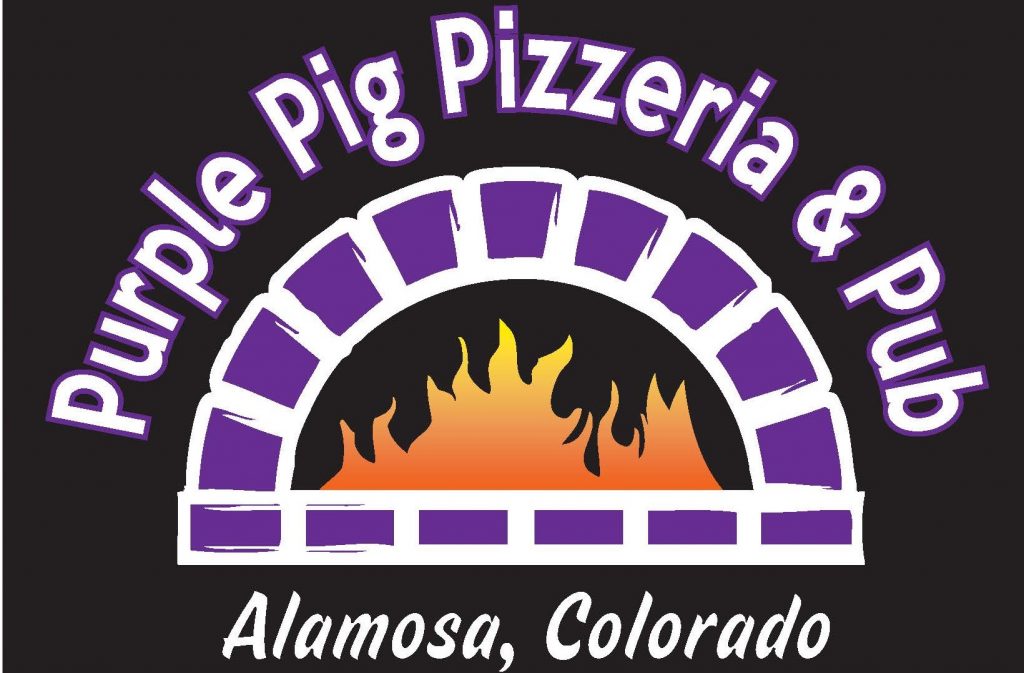 The Purple Pig Pizzeria & Pub logo. A picture of a wood fire inside an purple designed overn. Says Alamosa Colorado.